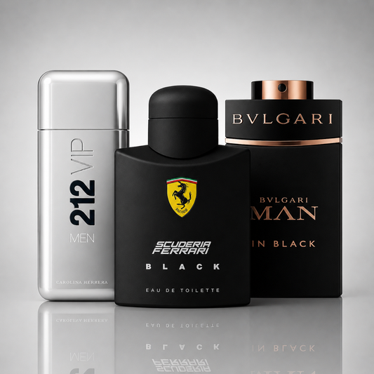 3-Piece Men's Perfume Set - 212 VIP Men, Ferrari Black & Bvlgari In Black