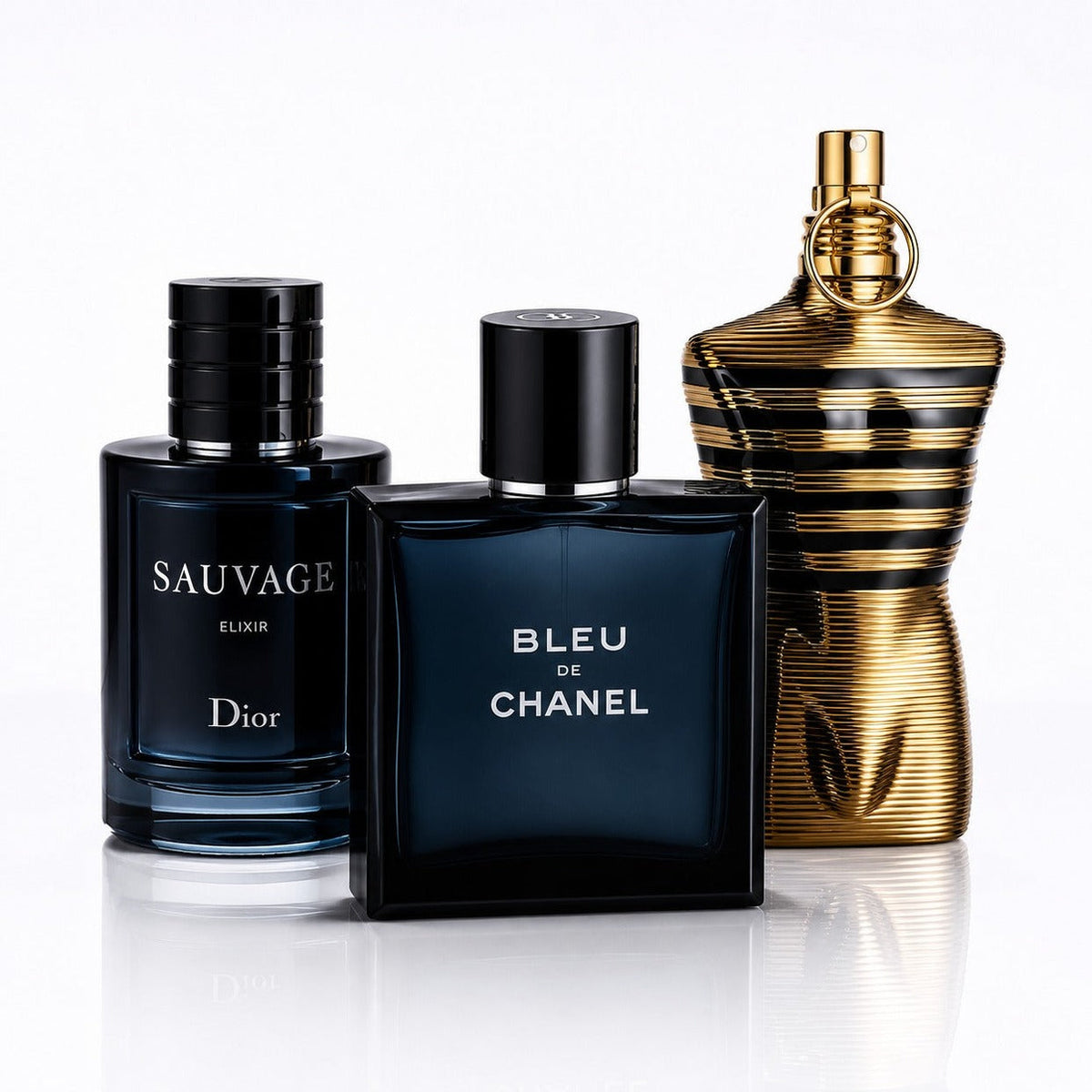 3-Piece Men's Perfume Set - Dior Sauvage Elixir, Bleu de Chanel & Le Male Elixir