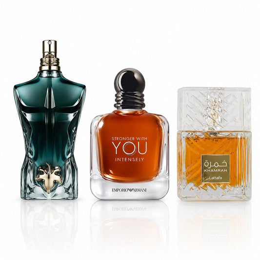 3-Piece Men's Perfume Set - JPG Le Beau, Stronger With You Intensely & Lattafa Khamrah