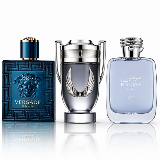 3-Piece Men's Perfume Set - Versace Eros, Invictus Platinum & Hawas Ice