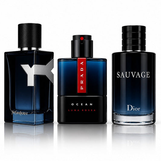 3-Piece Men's Perfume Set - YSL Y EDP, Prada Luna Rossa Ocean & Dior Sauvage