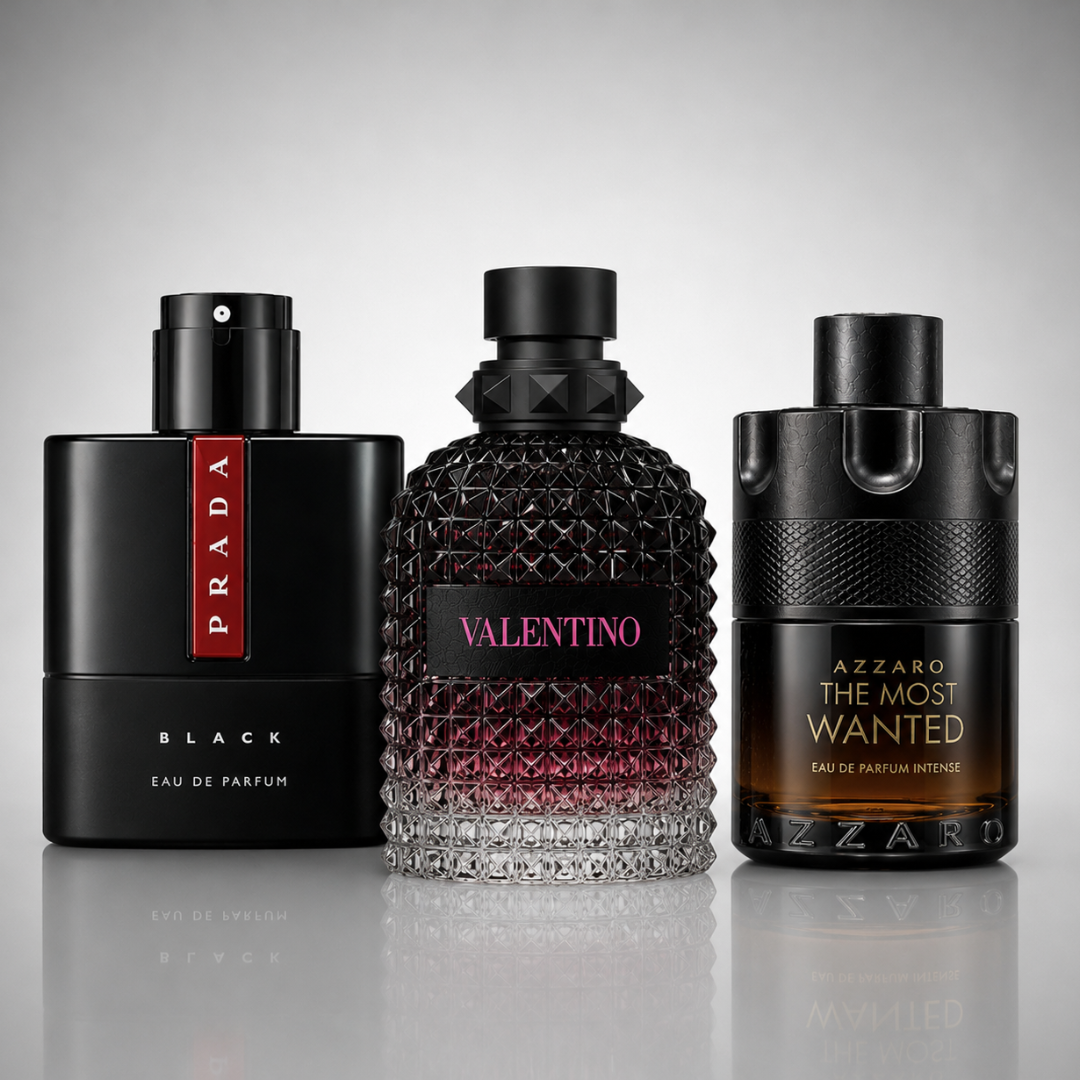 3-Piece Men's Perfume Set - Prada Luna Rossa Black, Valentino Uomo Born In Roma & Azzaro The Most Wanted